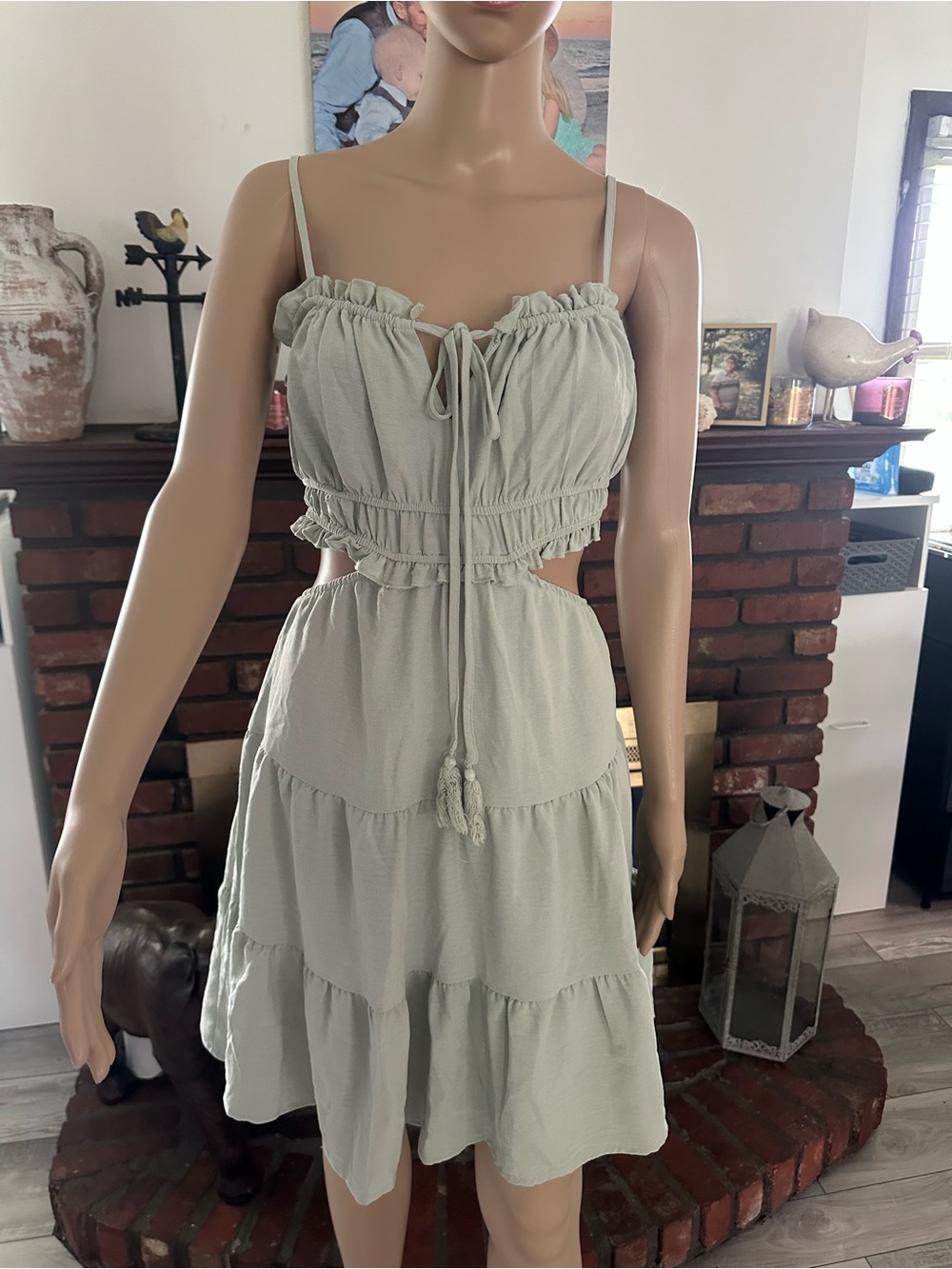 Spaghetti Strap Cutout Tiered Dress in Sage Green